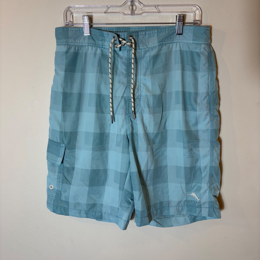Tommy Bahama Swim Trunks Medium Blue Plaid Relaxed Fit Drawstring‎